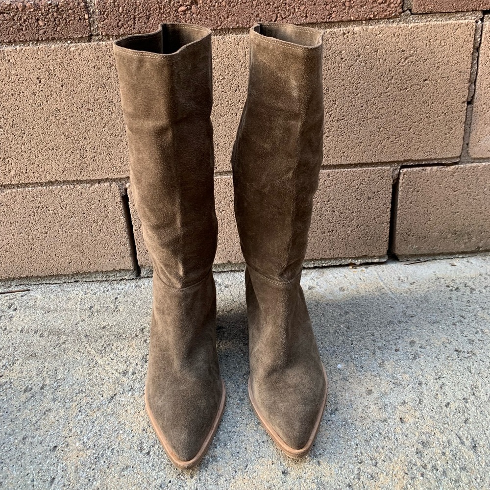 ba&sh Suede Tall Pointed-Toe Heeled Boots in Brown